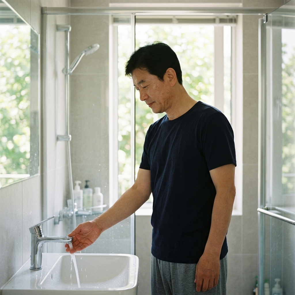 50대 남성이 실내에서 미지근한 물로 손을 적시며 샤워 전 준비하는 모습, 창밖으로 여름 햇살이 보이는 밝은 욕실