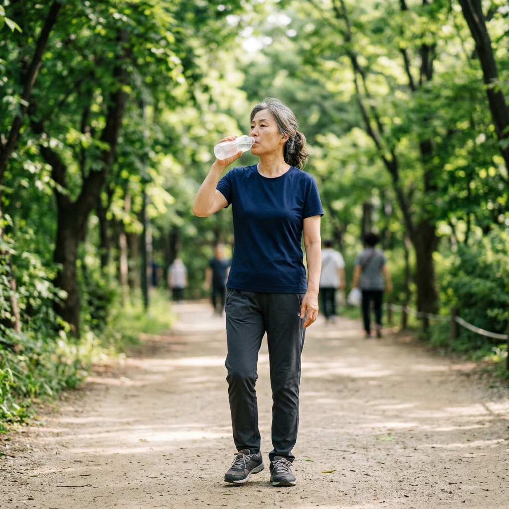60대 여성이 이른 아침 공원 산책로에서 가벼운 걷기 운동 중 물병을 들고 수분을 보충하는 모습, 짧은 소매 옷차림
