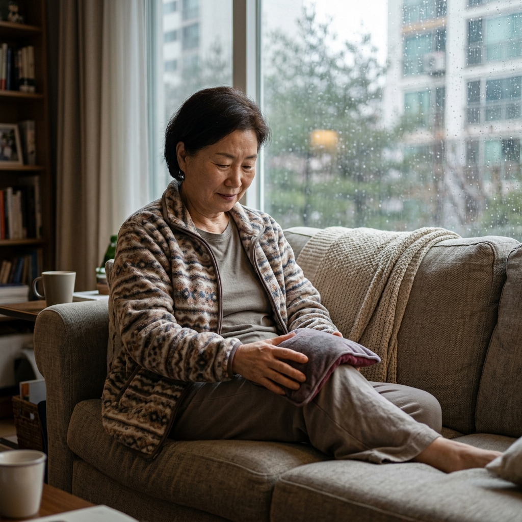 거실 소파에 앉아 무릎에 온찜질 팩을 대고 있는 70대 한국인 여성, 창밖으로 빗방울이 보이는 실내