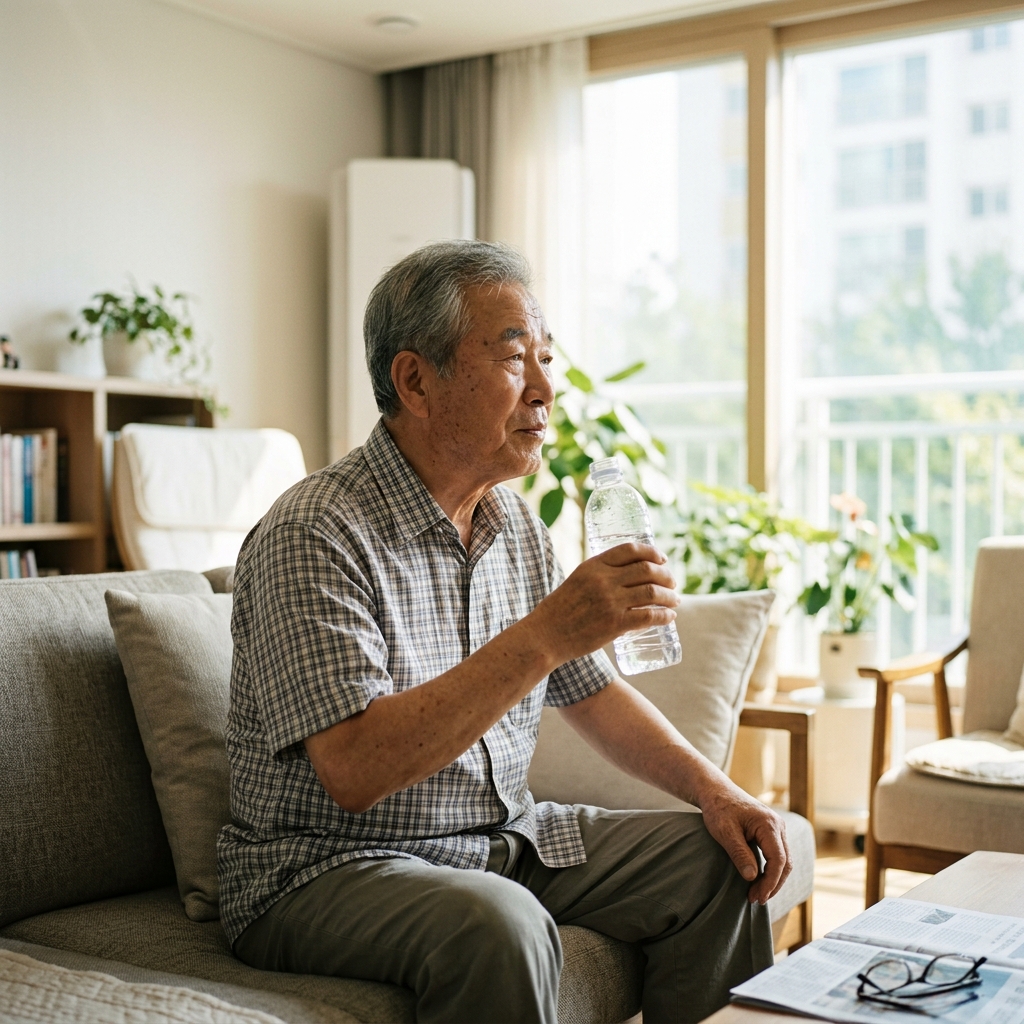 70대 남성이 거실 소파에서 물병을 손에 들고 수분을 보충하며 창밖 여름 햇살을 바라보는 모습, 밝은 실내