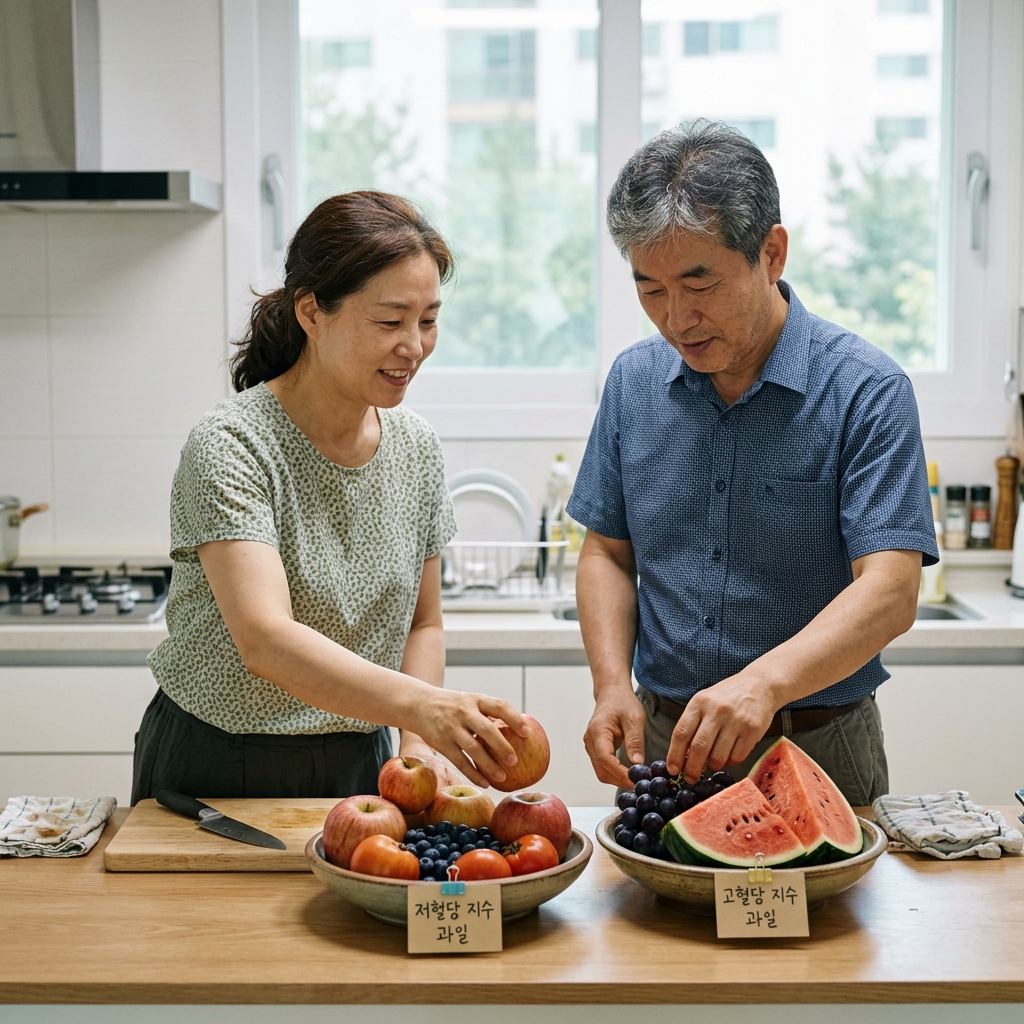 주방 조리대 위에 놓인 사과, 블루베리, 토마토 등 저혈당 지수 과일과 수박, 포도가 구분되어 담긴 모습, 밝은 실내 조명