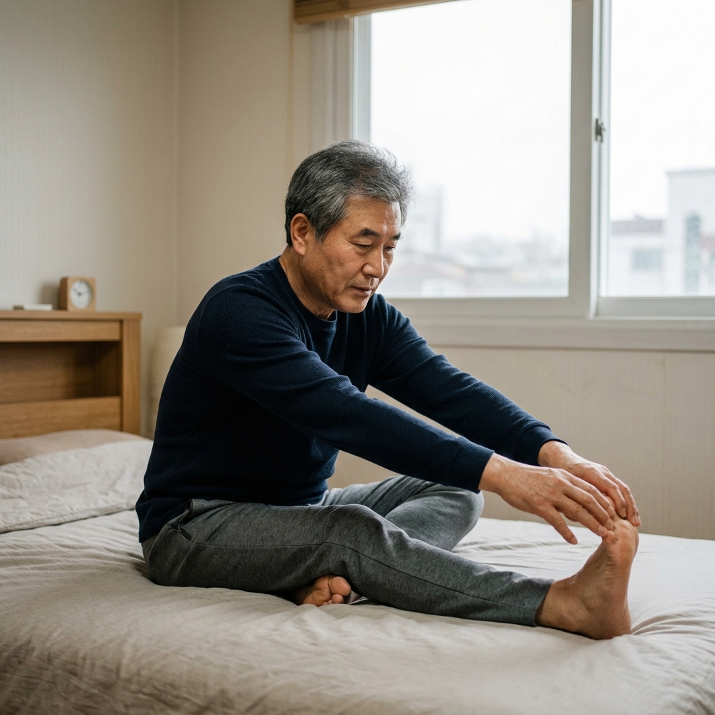 침대에 앉아 무릎을 가볍게 펴고 당기는 스트레칭 동작을 하는 65세 한국인 남성, 침실 창문으로 흐린 하늘이 보이는 배경