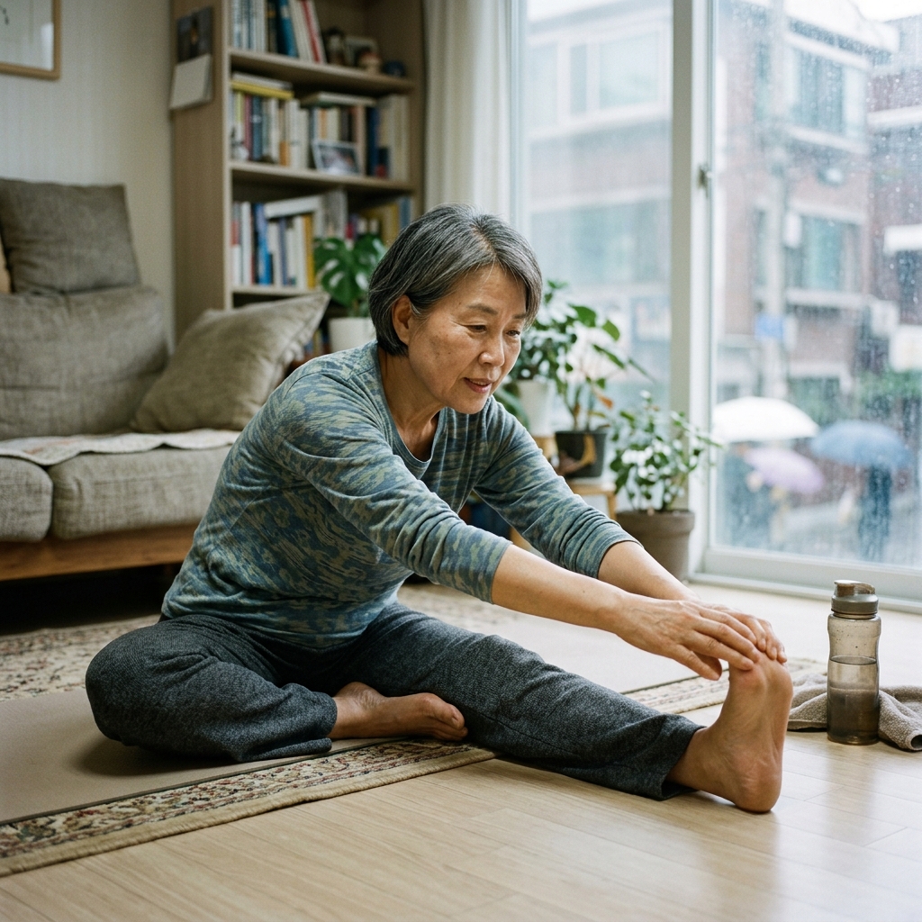 거실 바닥에 앉아 한쪽 다리를 쭉 펴고 발목을 천천히 당기는 스트레칭을 하는 68세 한국인 여성, 창밖으로 비 오는 풍경이 보이는 실내