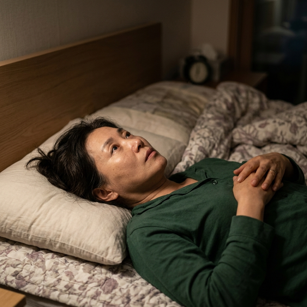 밤에 침대에 누워 잠을 이루지 못하고 천장을 바라보는 중년 여성의 모습