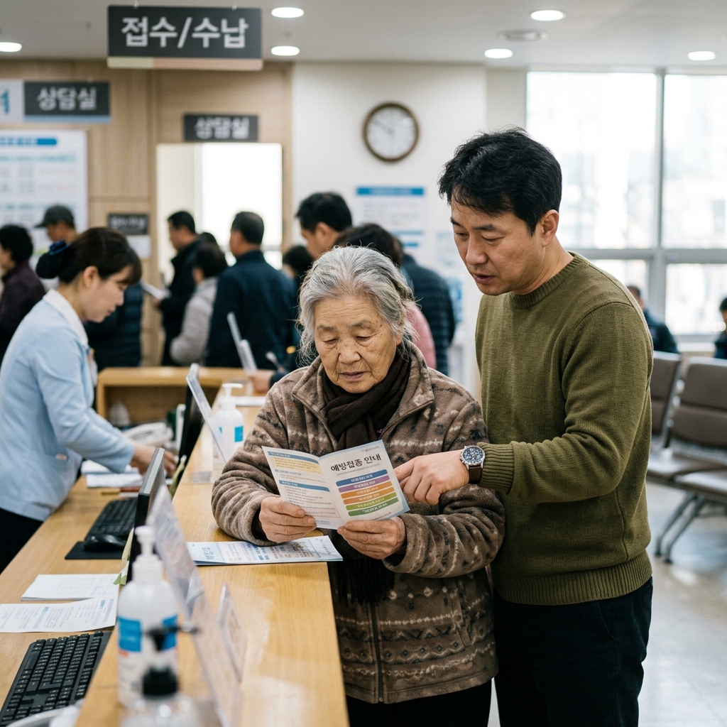 병원 접수창에서 예방접종 안내 책자를 살피는 70대 어르신과 보호자의 모습