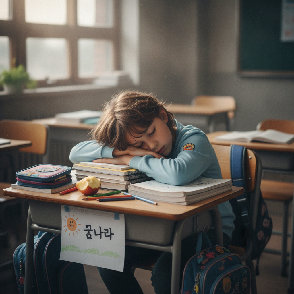 책상에 엎드려 낮잠 자는 초등학생
