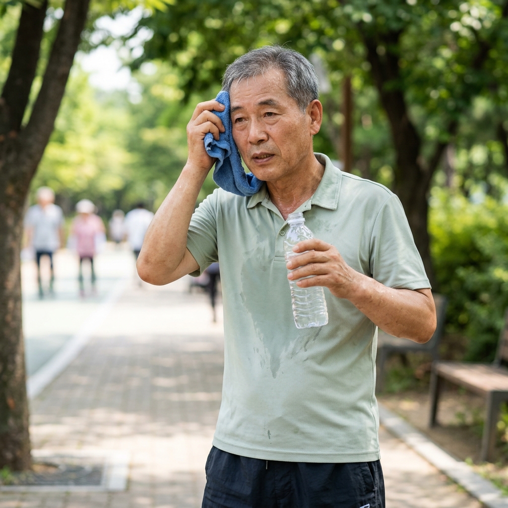 무더운 여름날 야외에서 땀을 닦으며 물병을 들고 있는 60대 중반 남성의 모습