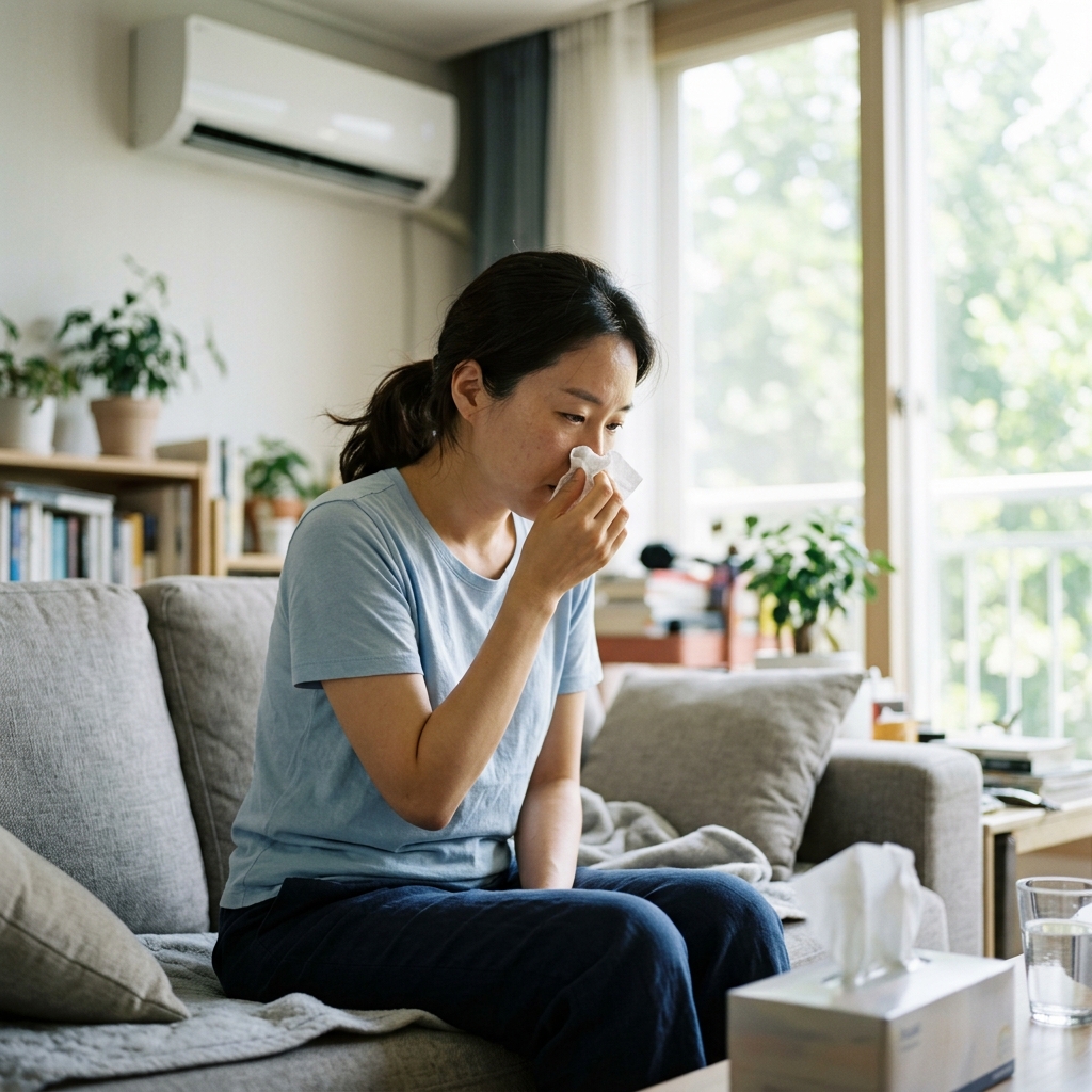 거실 소파에 앉아 에어컨 바람을 맞으며 티슈로 코를 푸는 30대 여성, 창밖으로 여름 햇살이 들어오는 실내