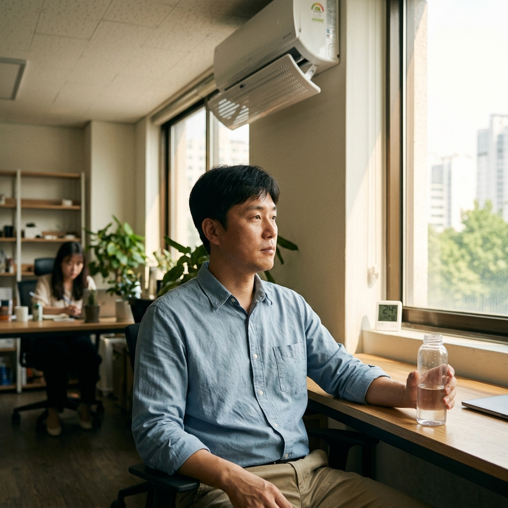 실내 온도계가 24도를 가리키고 창밖으로 뜨거운 여름 햇살이 비치는 사무실에서, 긴 소매 셔츠를 입고 미지근한 물병을 들고 있는 40대 초반 한국인 남성의 모습, 에어컨 바람막이 판이 설치된 환경