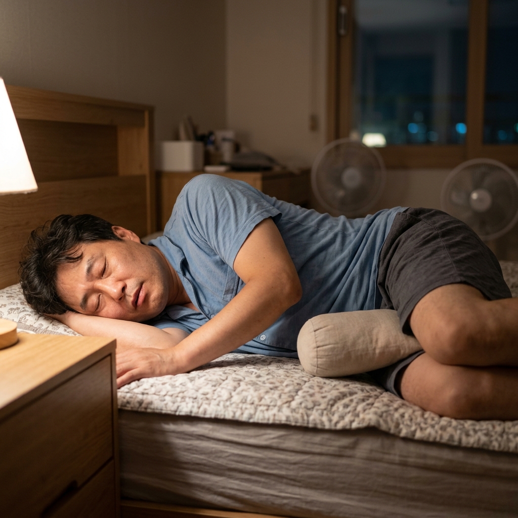 여름밤 침실에서 얇은 반팔 잠옷을 입은 중년 남성이 무릎 사이에 작은 베개를 끼운 채 옆으로 누워 편안한 표정으로 잠든 모습