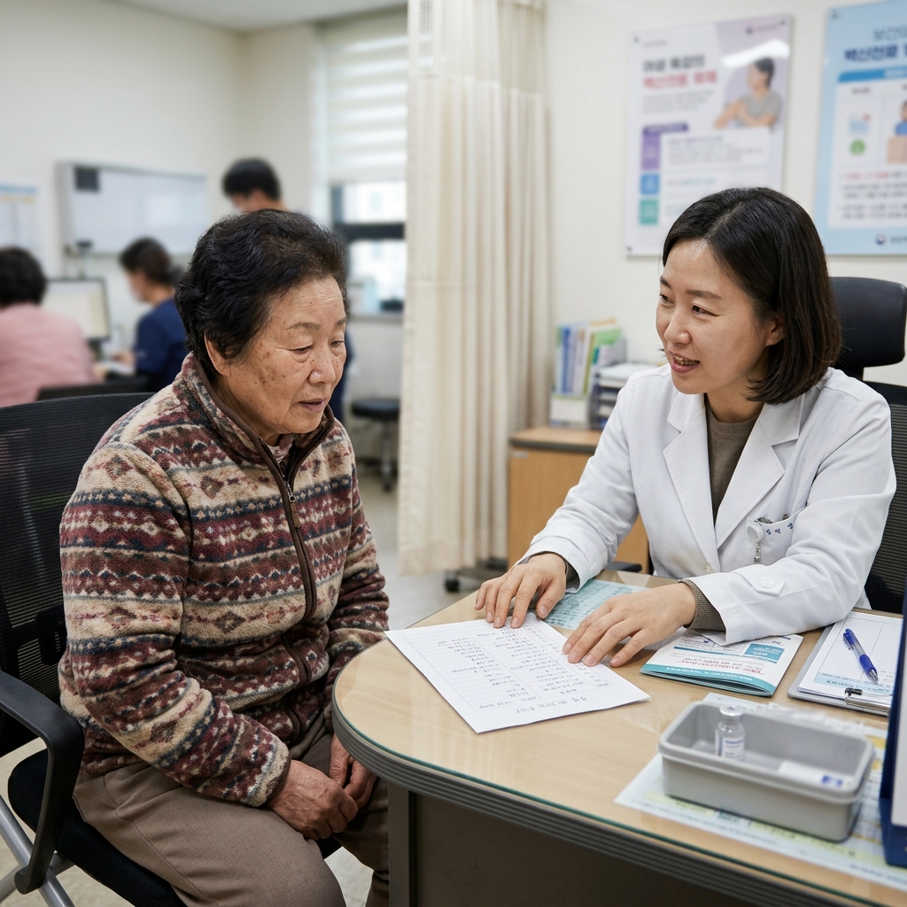 의료진이 환자의 복용 중인 약 목록을 확인하며 백신 접종 가능 여부를 설명하는 장면