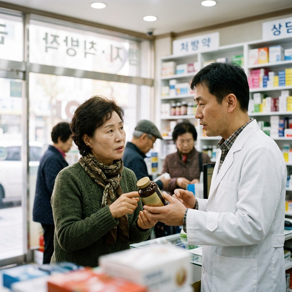 약국 창구에서 약사와 상담하며 영양제 통을 보여주는 60대 여성