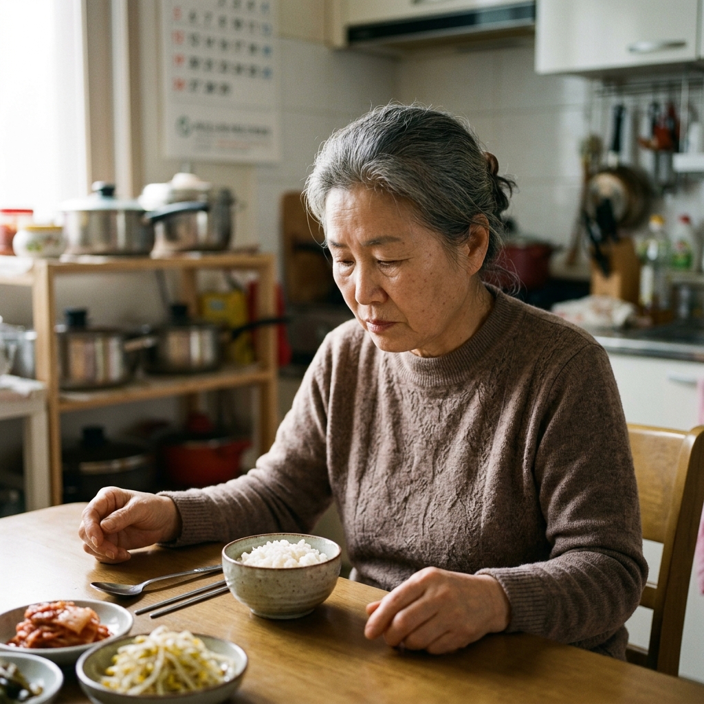 70대 어르신이 식탁 앞에 앉아 밥그릇을 바라보고 있으나 손을 젓가락에 대지 않은 채 시선이 아래로 향한 모습, 실내 자연광