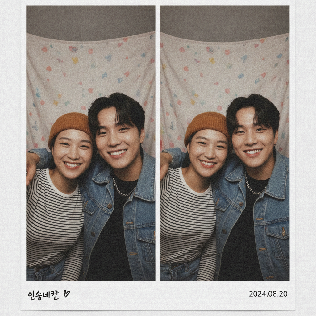 인생네컷 첫 컷으로 친구와 어깨동무를 하고 있는 포즈