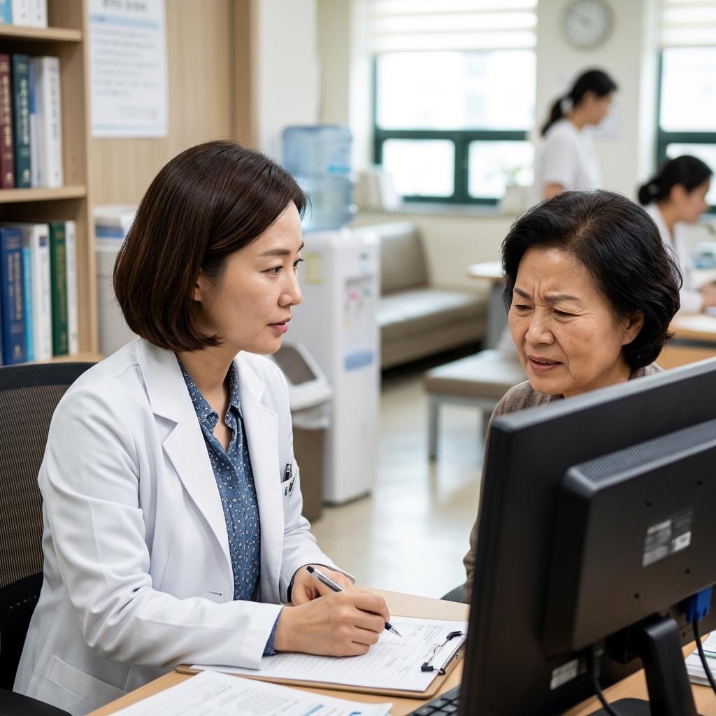 병원 진료실에서 의사가 환자의 얼굴 근육 움직임을 확인하며 기록하는 장면, 차분한 조명