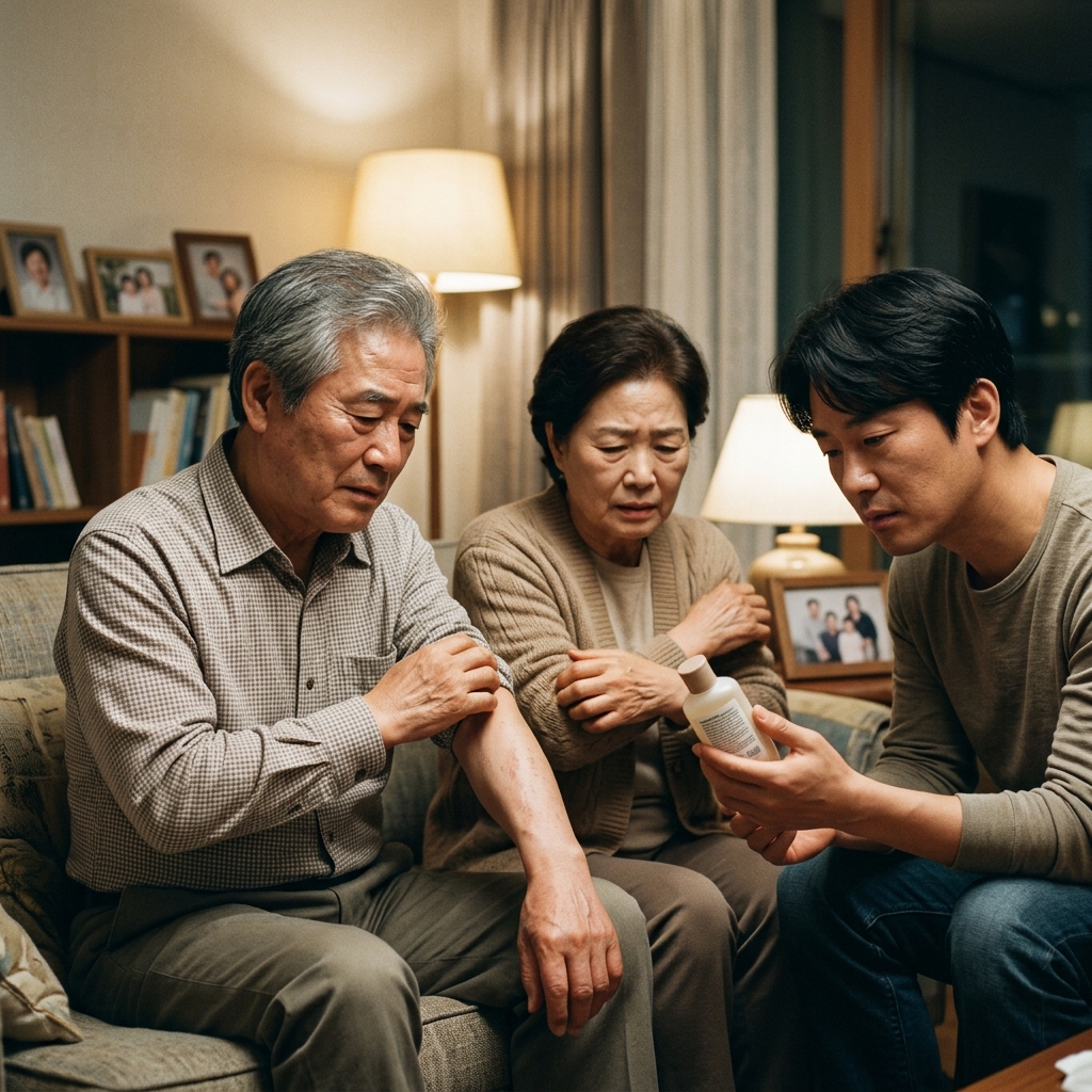 저녁 거실에서 팔을 긁고 있는 70대 부모님과 옆에서 보습제 성분표를 살피는 40대 자녀의 모습