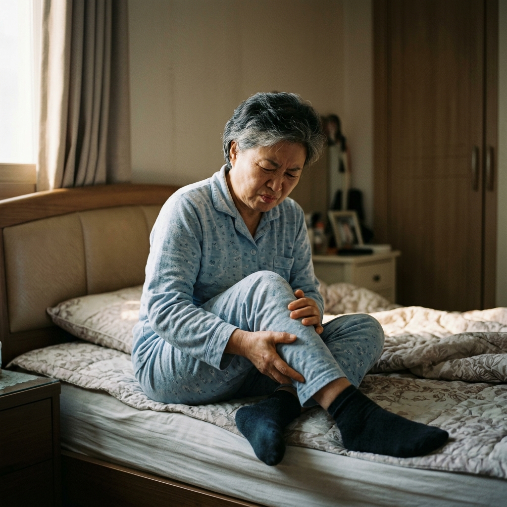 침대에 앉아 종아리를 움켜쥔 채 얼굴을 찌푸린 70대 한국인 여성, 얇은 긴팔 잠옷 착용, 어두운 침실 배경, 자연광 느낌