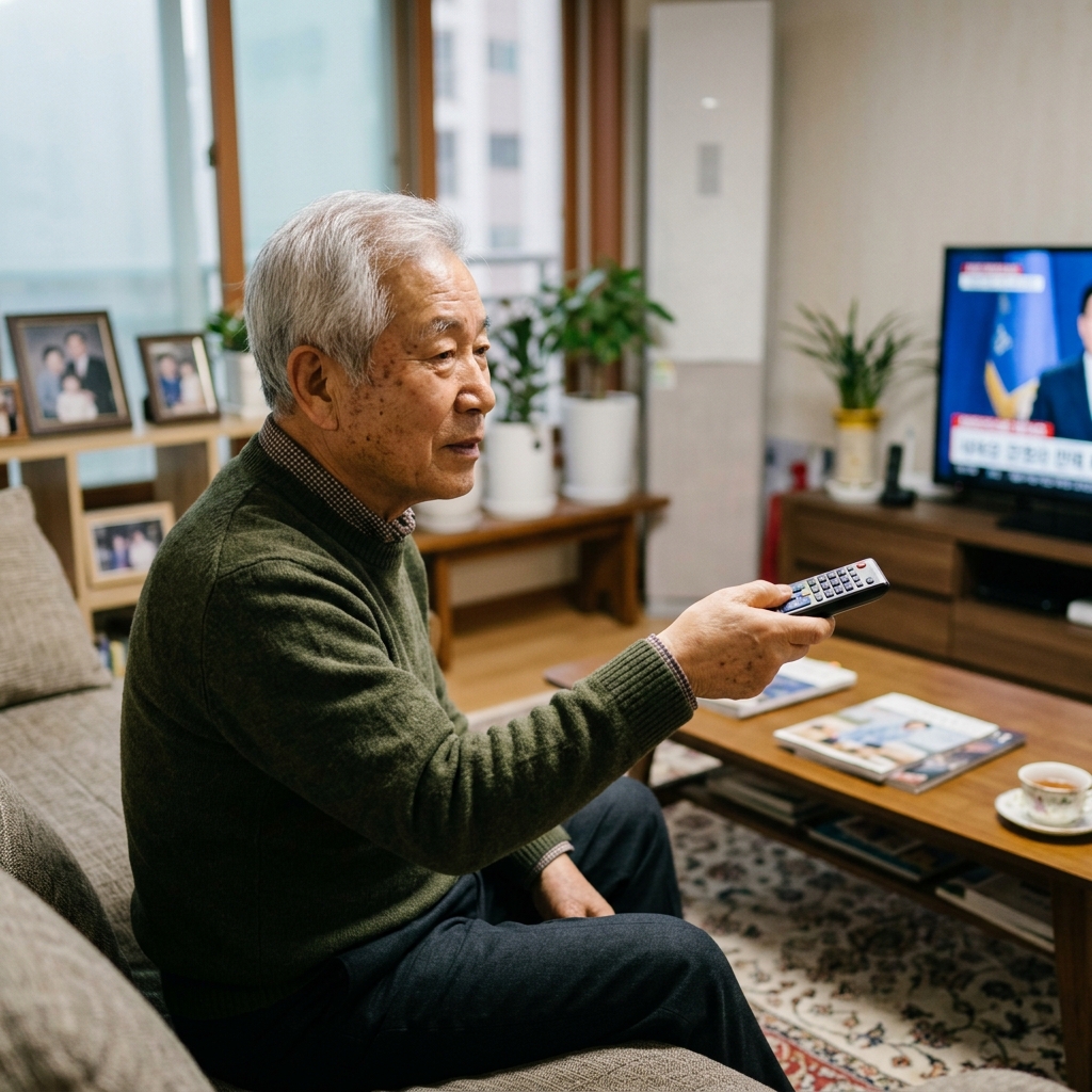 80대 어르신이 거실 소파에 앉아 TV 리모컨을 손에 들고 소리를 조절하며 화면을 주시하는 모습, 배경은 따뜻한 실내 조명과 가구가 보이는 한국 가정집 거실