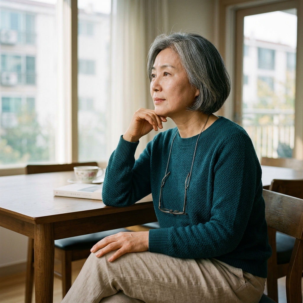 책상에 앉아 한쪽 손을 무릎 위에 올려놓은 60대 한국인, 실내 자연광