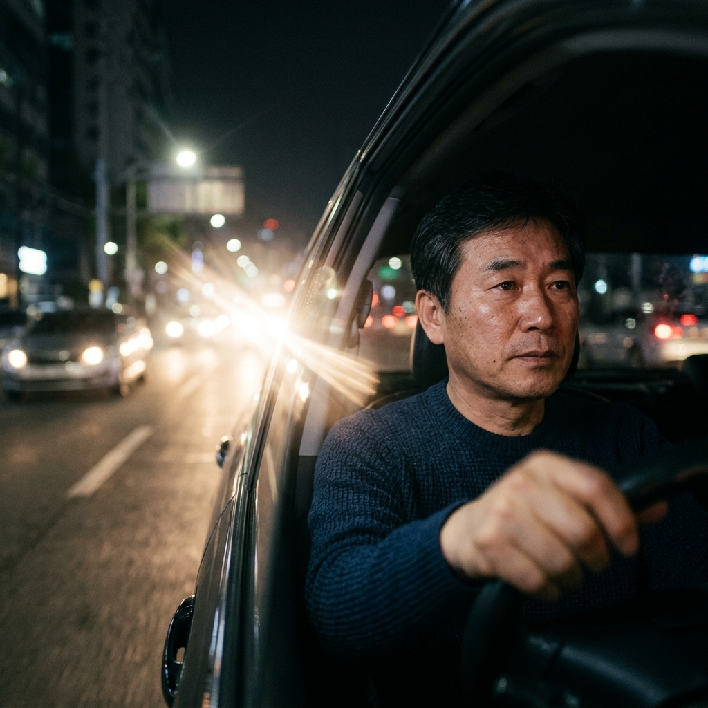 야간 도로에서 운전하는 중장년 남성, 앞 차량 불빛이 번지는 모습이 보이는 장면