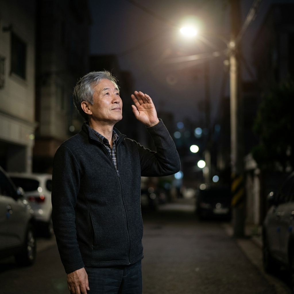 밤에 가로등을 보며 빛 번짐을 느끼는 60대 후반 한국인 남성, 어두운 실외 배경, 긴팔 재킷 착용
