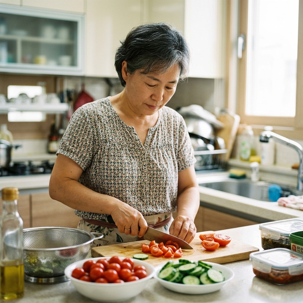 50대 중반 한국인 여성이 부엌에서 도마 위 토마토와 오이를 썰며 제철 반찬 준비를 하는 장면, 자연스러운 실내 조명, 밝은 낮