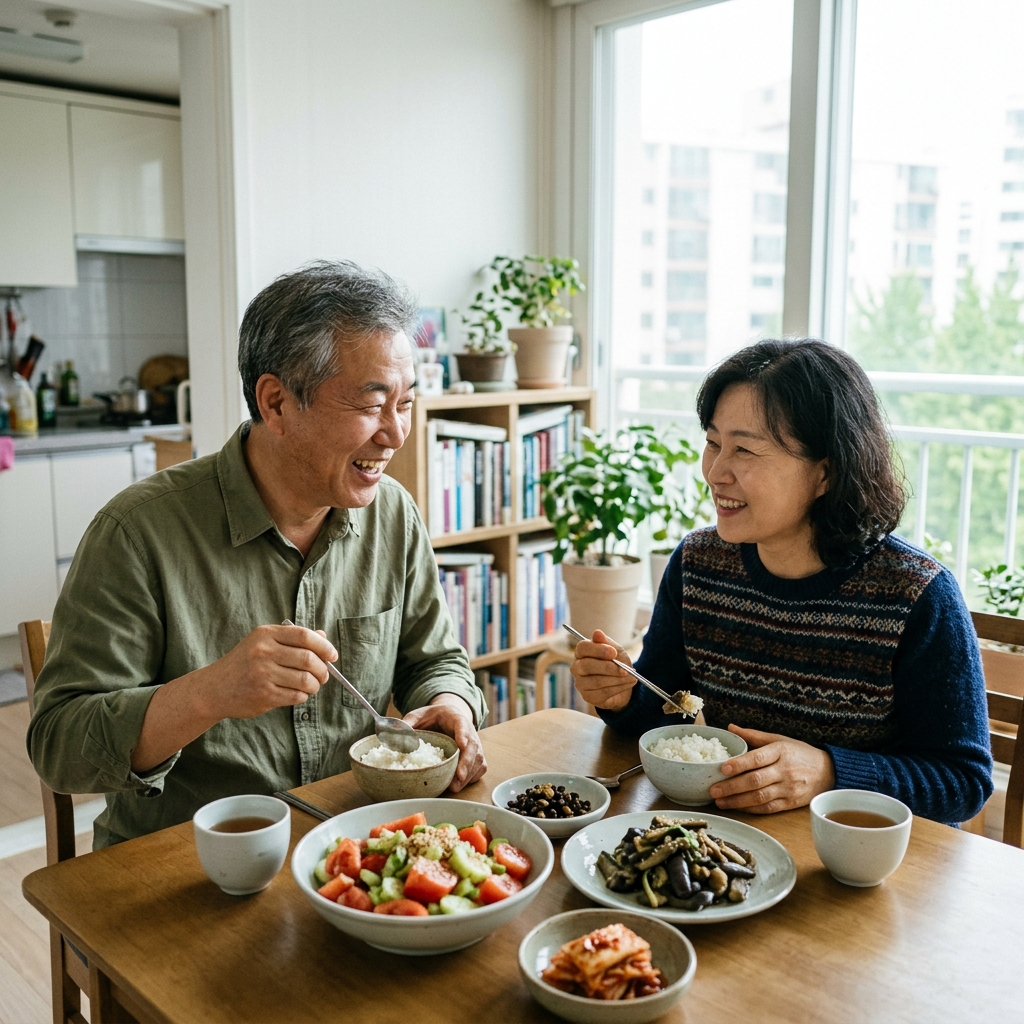 50대 후반 한국인 부부가 식탁에 앉아 토마토 샐러드와 가지 나물을 함께 먹으며 대화하는 장면, 밝은 실내 조명, 낮 시간대