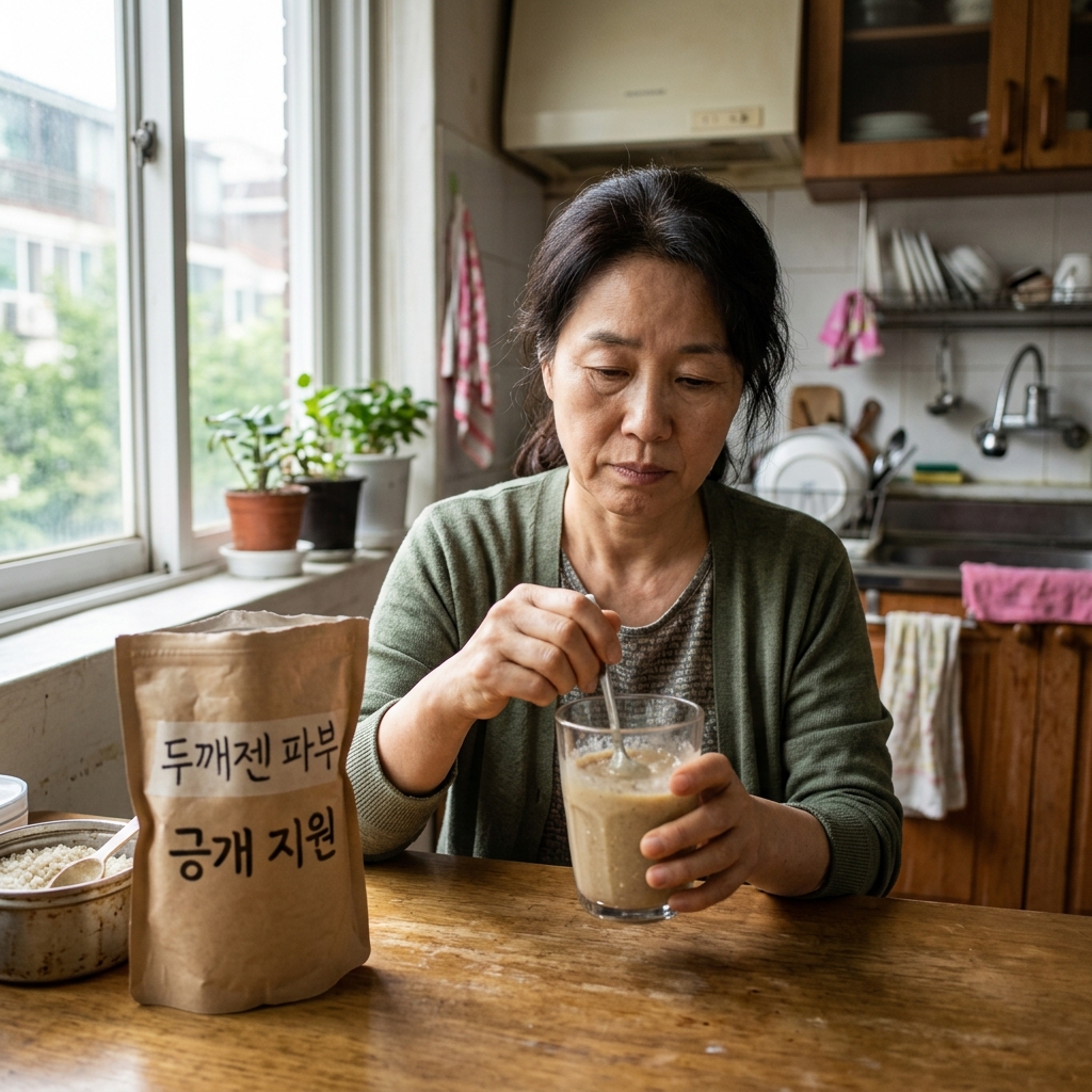 투명한 컵에 담긴 걸쭉한 액체와 점도증진제 분말 봉지가 놓인 테이블, 자연광이 들어오는 주방 창가