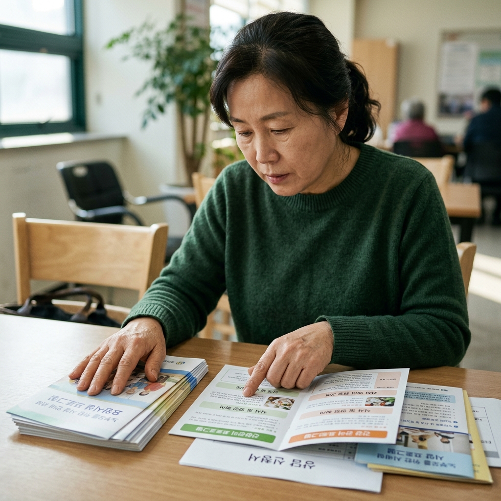 노부모를 위한 시설 안내 자료를 살피는 중년 보호자의 손과 상담 서류, 실내 자연광