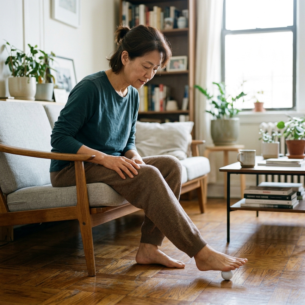 의자에 앉아 발바닥 아래 골프공을 굴리는 중년 여성의 모습, 실내 거실, 편안한 복장, 밝은 자연광