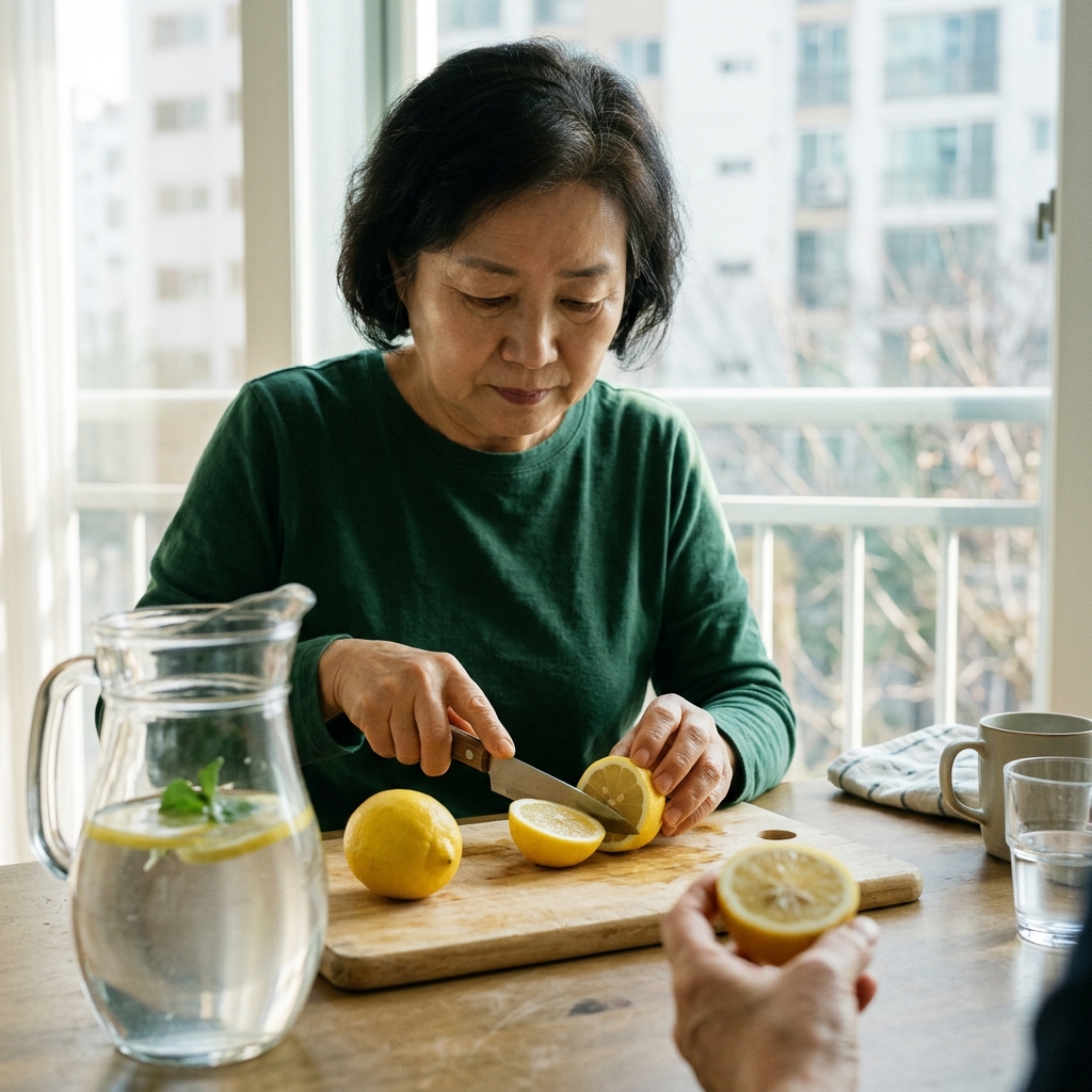 도마 위에 반으로 자른 레몬과 물병, 자연광이 들어오는 식탁 위