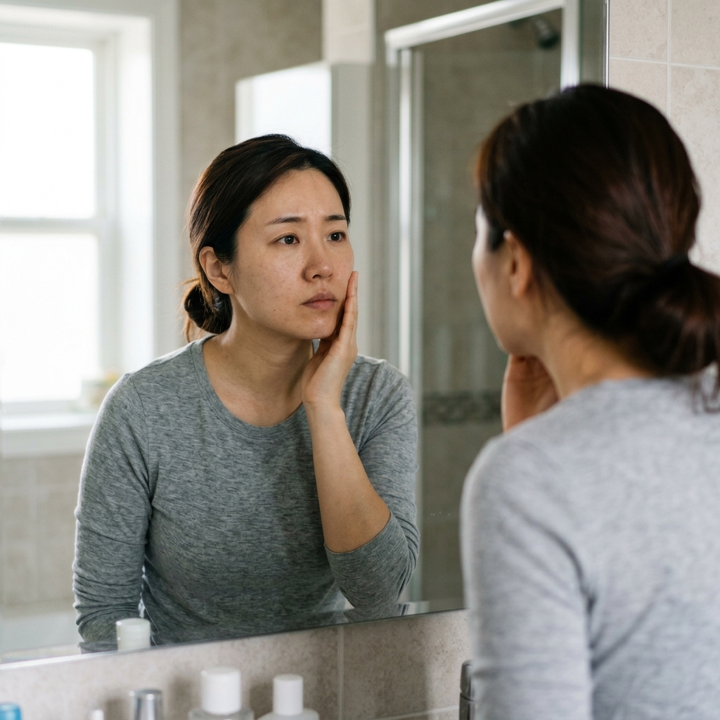 거울 앞에서 얼굴 피부톤을 확인하는 30대 여성이 손으로 볼을 살짝 만지며 고민하는 표정을 짓고 있다