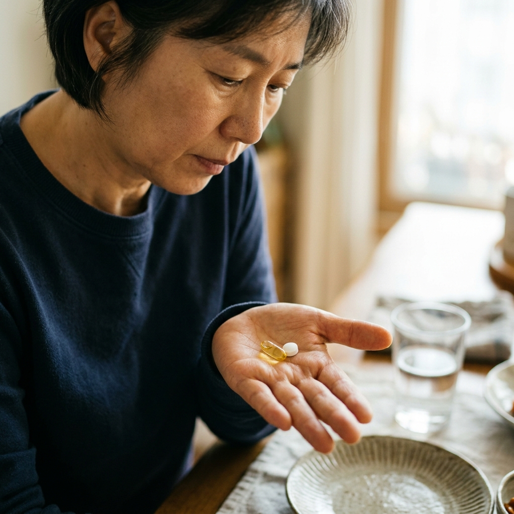 손바닥 위에 놓인 투명한 캡슐과 하얀 정제 형태의 영양제가 보이고, 배경에는 물 한 잔이 놓여 있다