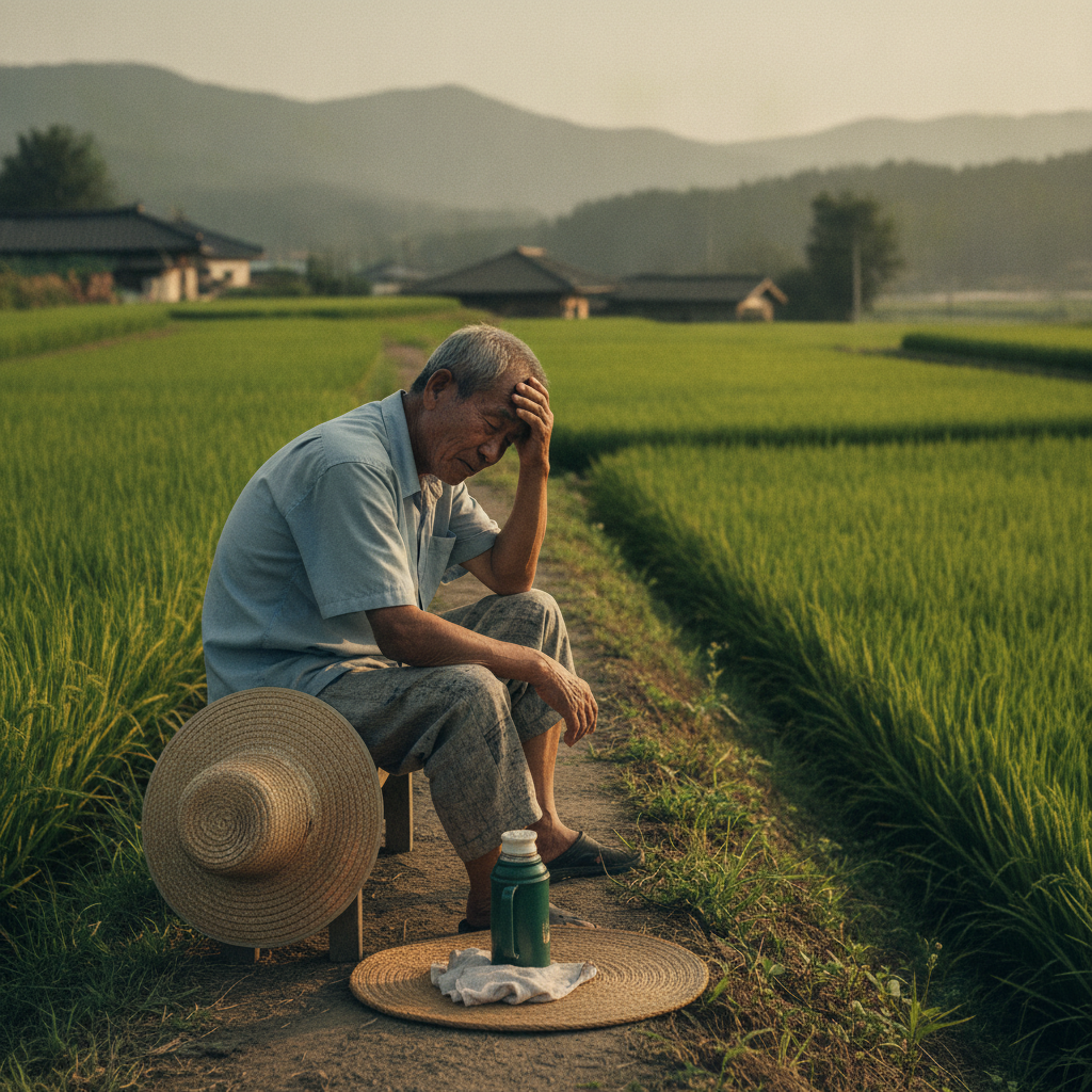논밭 가장자리 그늘 아래에서 한 손으로 이마를 짚고 앉아 쉬고 있는 고령 농업인, 옆에 물병과 수건이 놓여 있는 모습