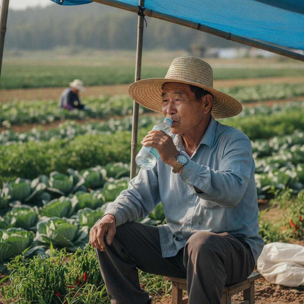 밭 가장자리 그늘막 아래에서 앉아 이온음료를 마시고 있는 고령 농업인, 모자와 긴팔 옷을 입고 있으며 시계를 확인하는 모습