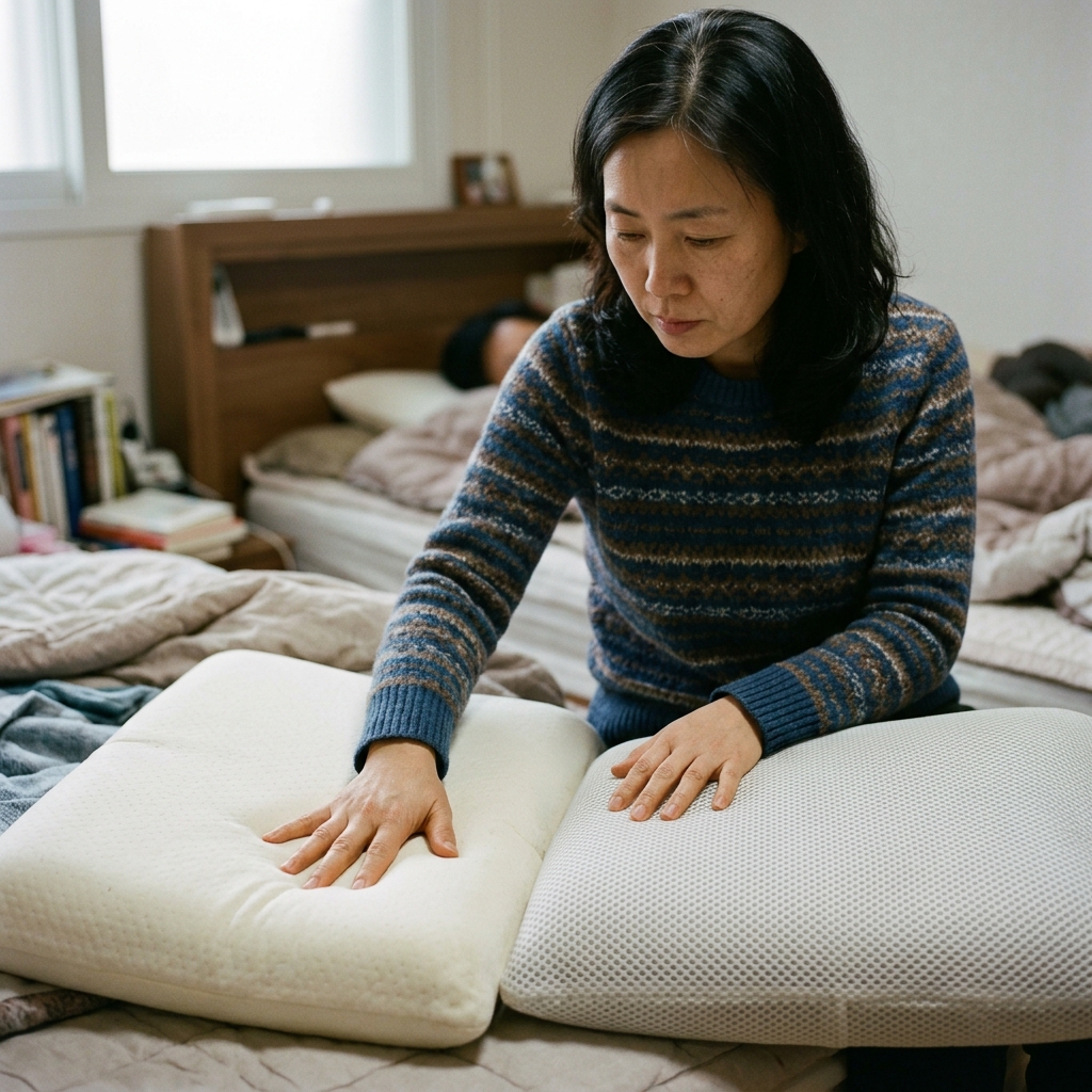 라텍스 베개와 메쉬 소재 베개를 나란히 놓고 손으로 만져보는 장면, 실내 조명 아래
