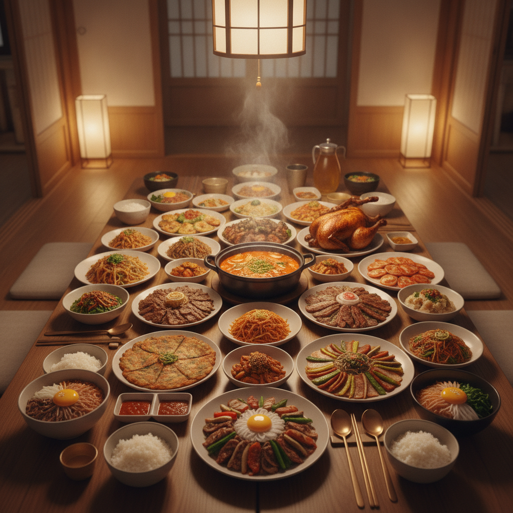 맛있는 음식들이 한상 가득 있는 장면