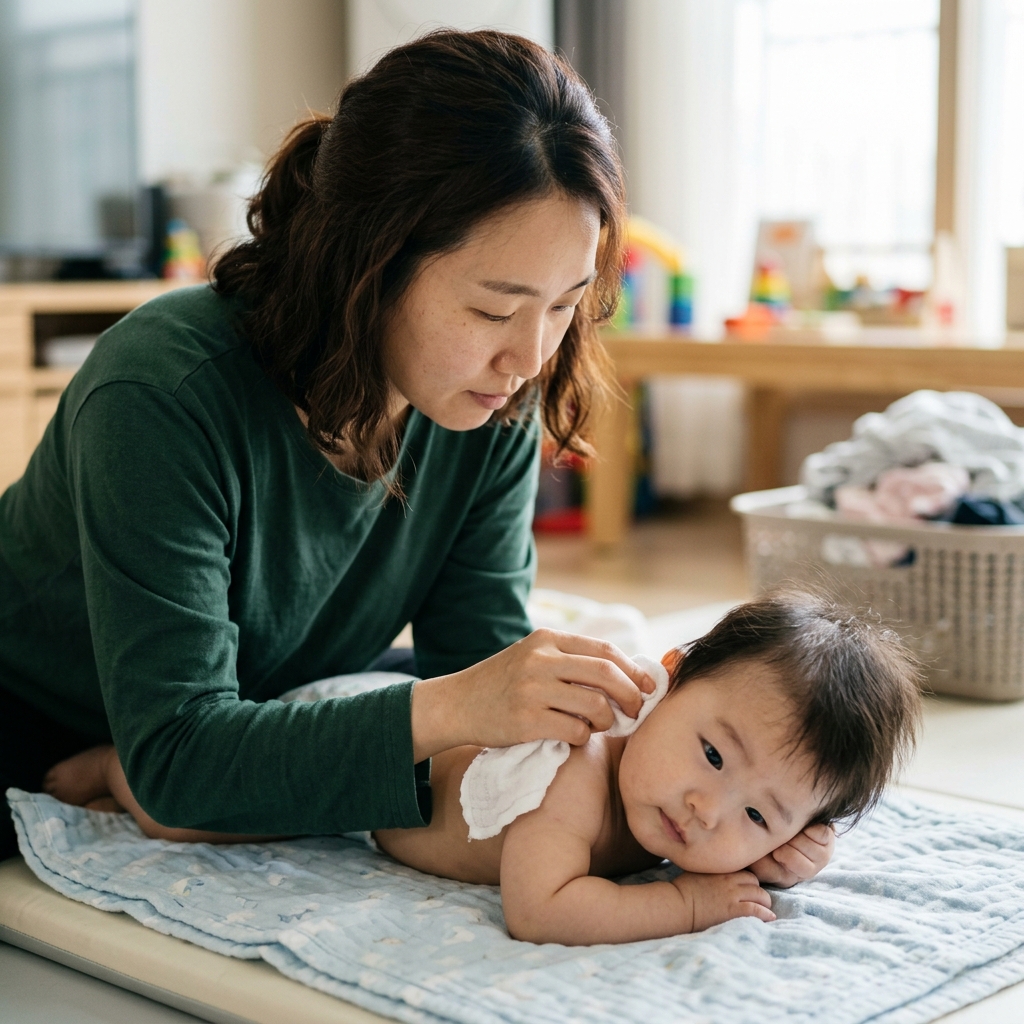 아기를 옆으로 눕힌 채 부드럽게 귀 주변을 수건으로 닦아주는 장면