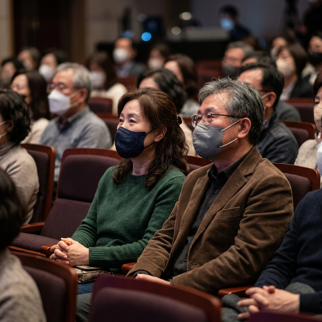 공연장에서 마스크를 쓰고 관람하는 중장년 관객의 모습, 실내 조명 아래 좌석에 앉아 있는 장면