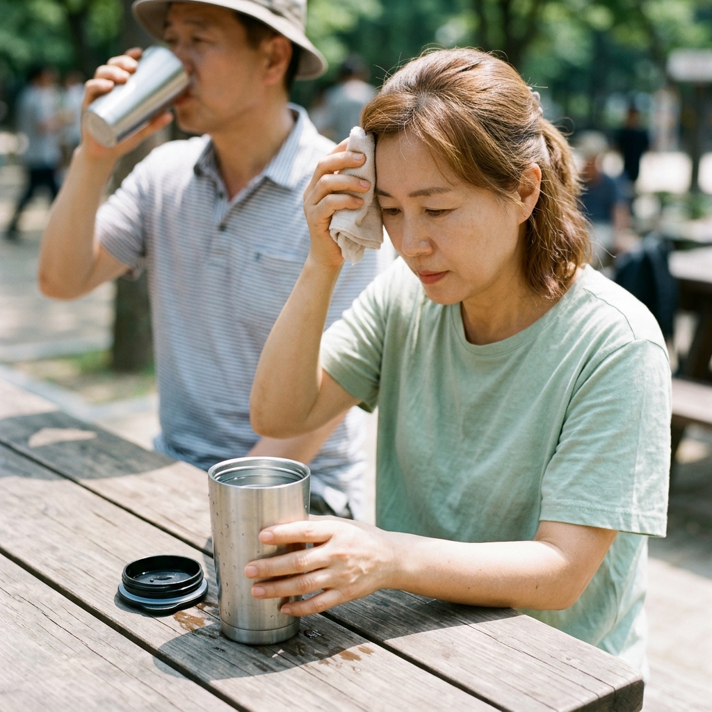 여름 햇살 아래 탁자에 놓인 스테인리스 텀블러와 물방울, 뚜껑이 열린 상태로 내부가 보이는 장면