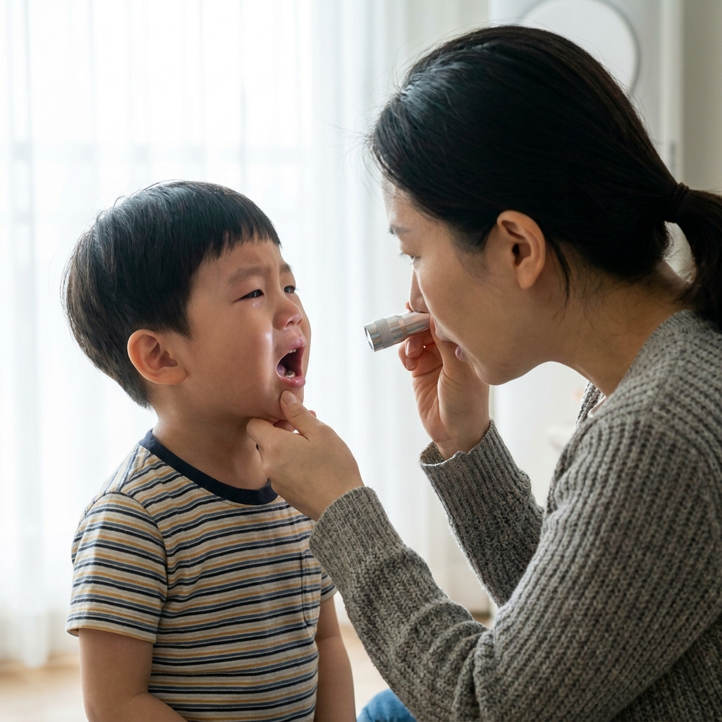 어린 아이가 입을 벌리고 목 안쪽을 보이며 불편해하는 모습을 부모가 확인하는 장면