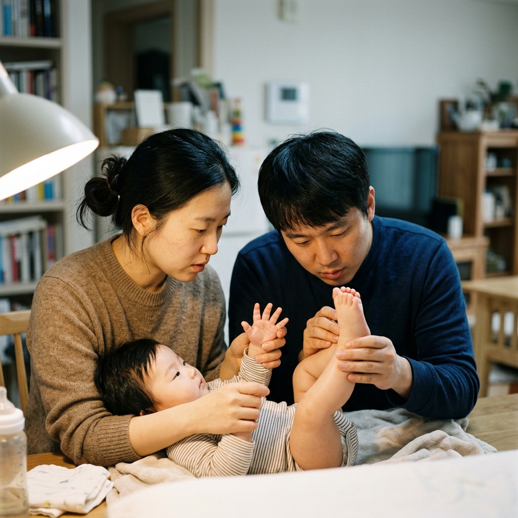 아이의 손바닥과 발바닥을 부모가 조명 아래에서 꼼꼼히 살피는 장면