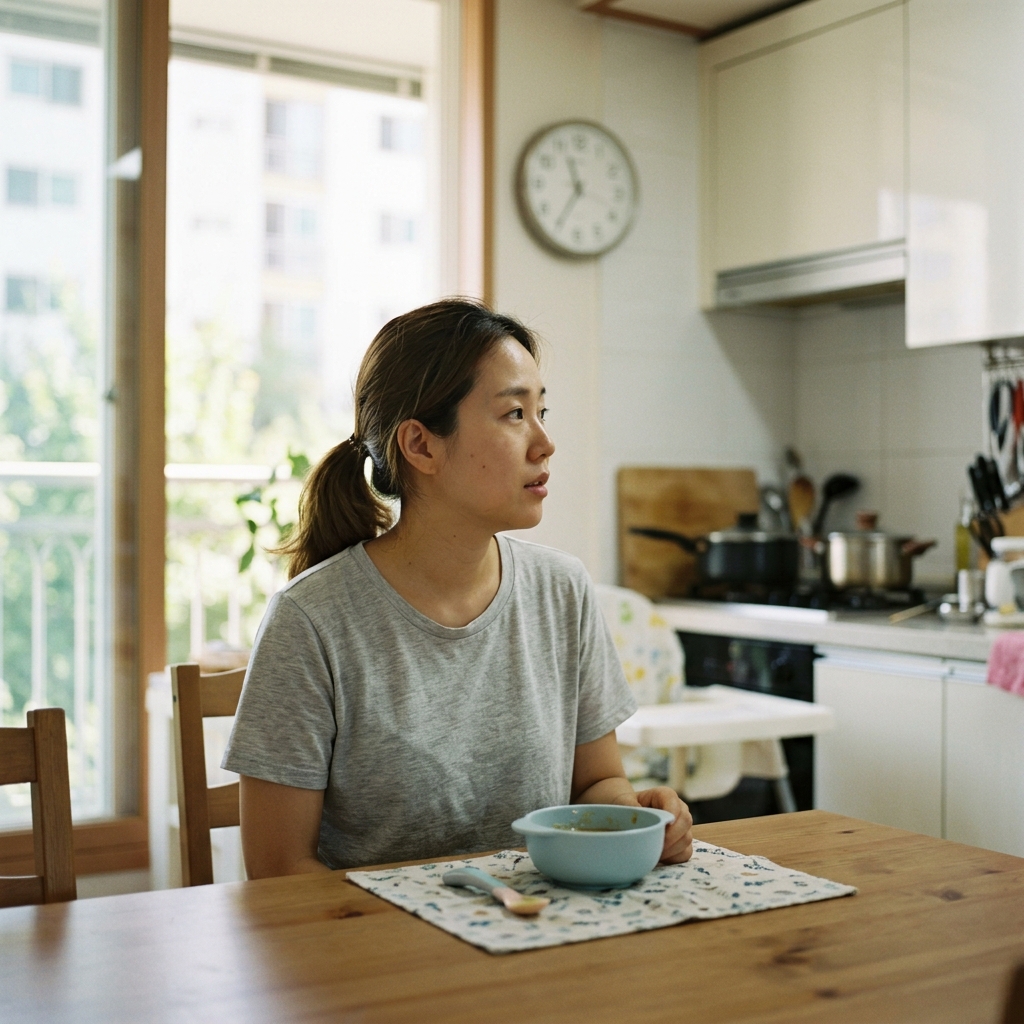주방 식탁 위에 놓인 이유식 그릇과 시계를 함께 바라보는 엄마의 모습, 창밖으로 여름 햇살이 들어오는 장면