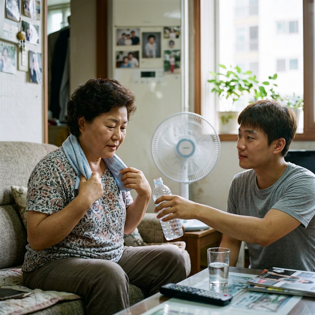 실내에서 목 뒤에 차가운 수건을 대고 앉아 있는 중년 여성과 옆에서 물병을 건네는 가족의 모습, 배경에 선풍기와 창문이 보이는 장면