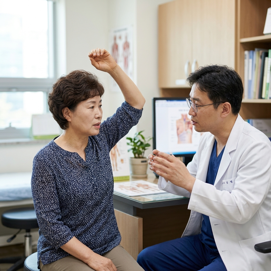 50대 중반 여성이 병원 상담실에서 의료진과 팔을 들어 겨드랑이 상태를 확인하며 대화하는 장면