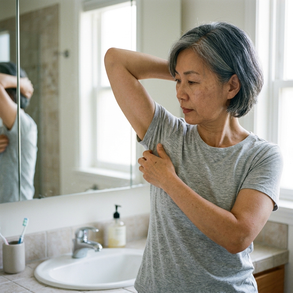 50대 후반 여성이 밝은 세면대 앞에서 통풍 좋은 면 소재 옷을 입고 겨드랑이를 확인하는 장면