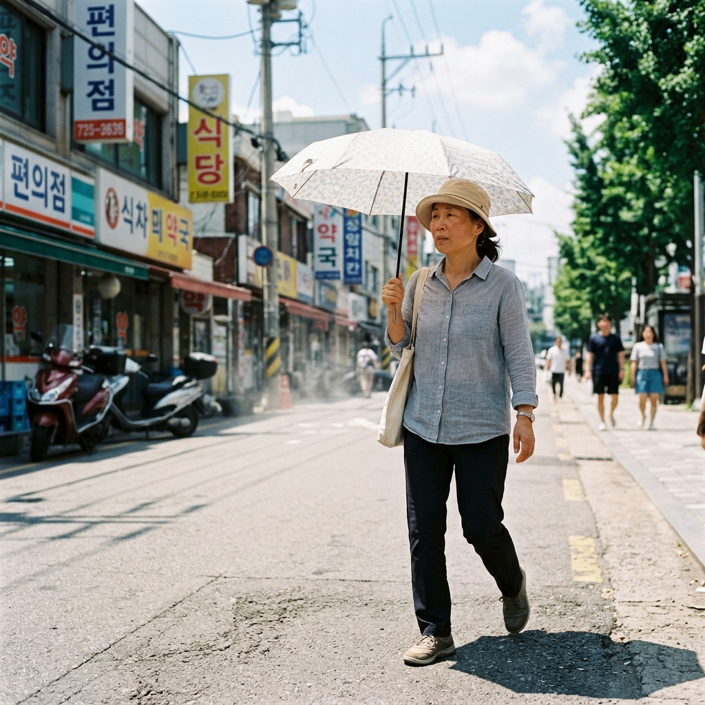 뙤약볕 아래 양산을 쓰고 걷는 중년 여성의 모습, 얇은 긴팔 셔츠와 모자를 착용하고 있으며 배경에는 아지랑이가 피어오르는 여름 오후 거리