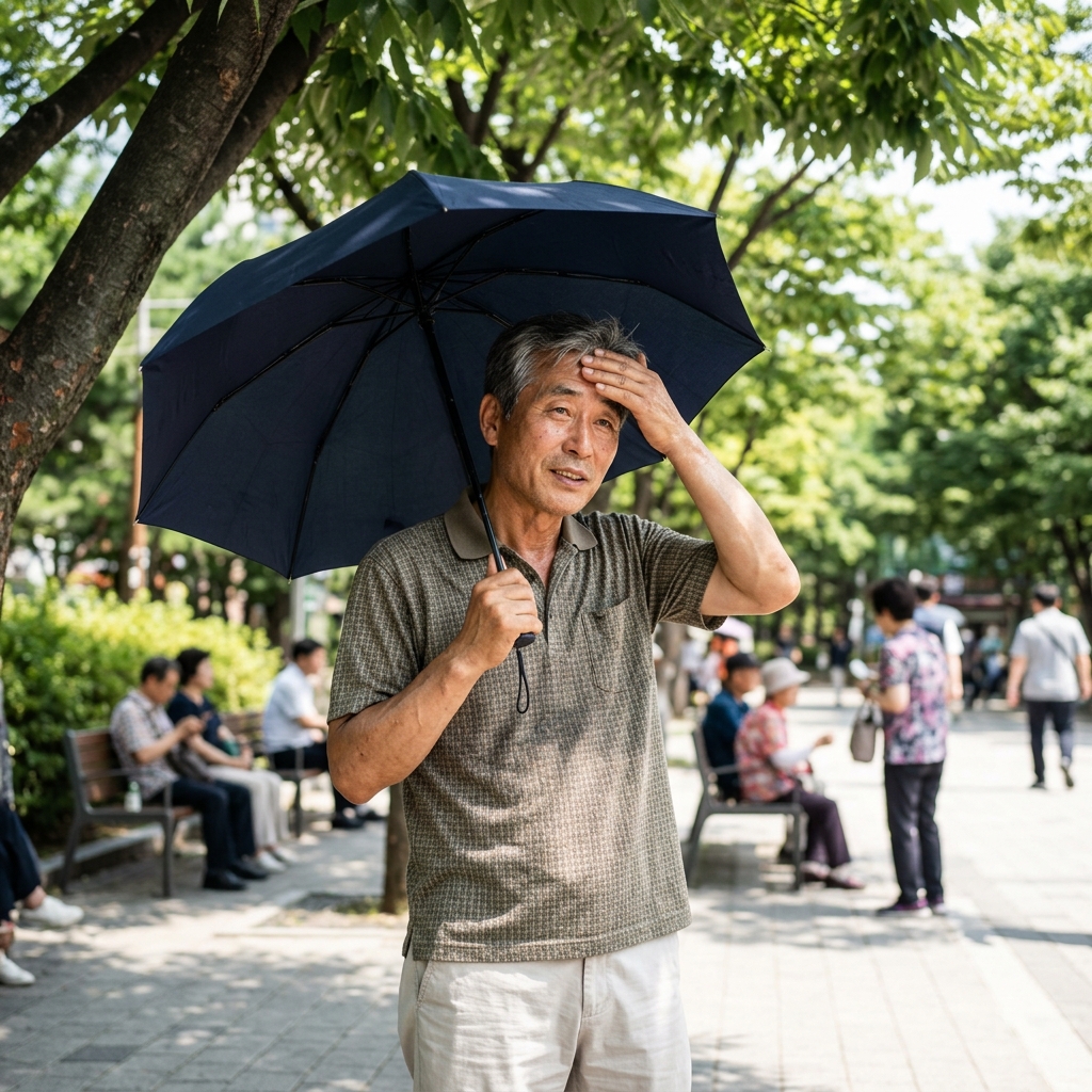 양산을 펼쳐 들고 그늘 아래 서 있는 중년 남성의 모습, 햇빛이 강한 한낮 야외 공원 배경에서 얼굴에 땀이 줄어든 표정