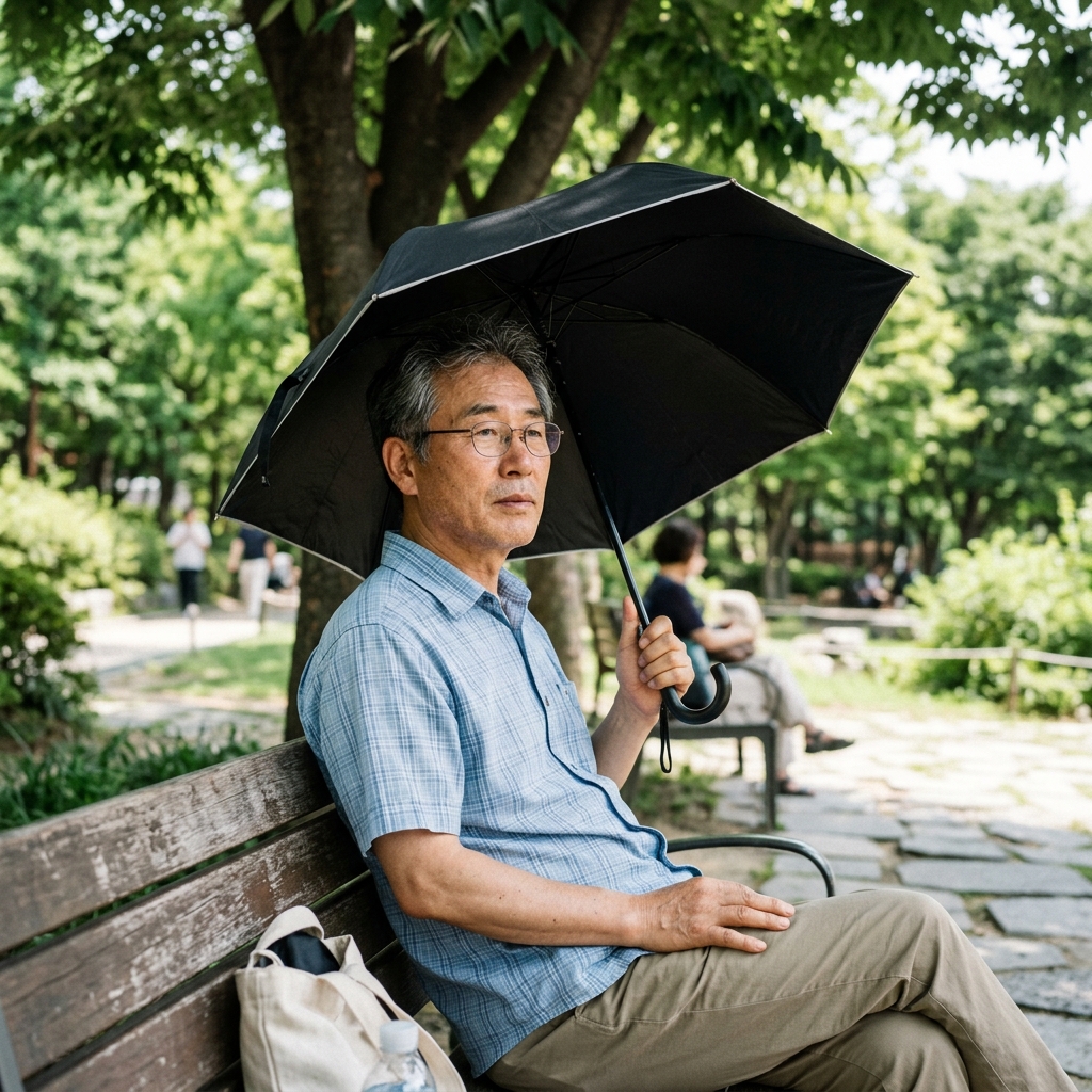 한국인 중년 남성이 검은 안감 양산을 들고 여름 오후 그늘에서 쉬는 모습