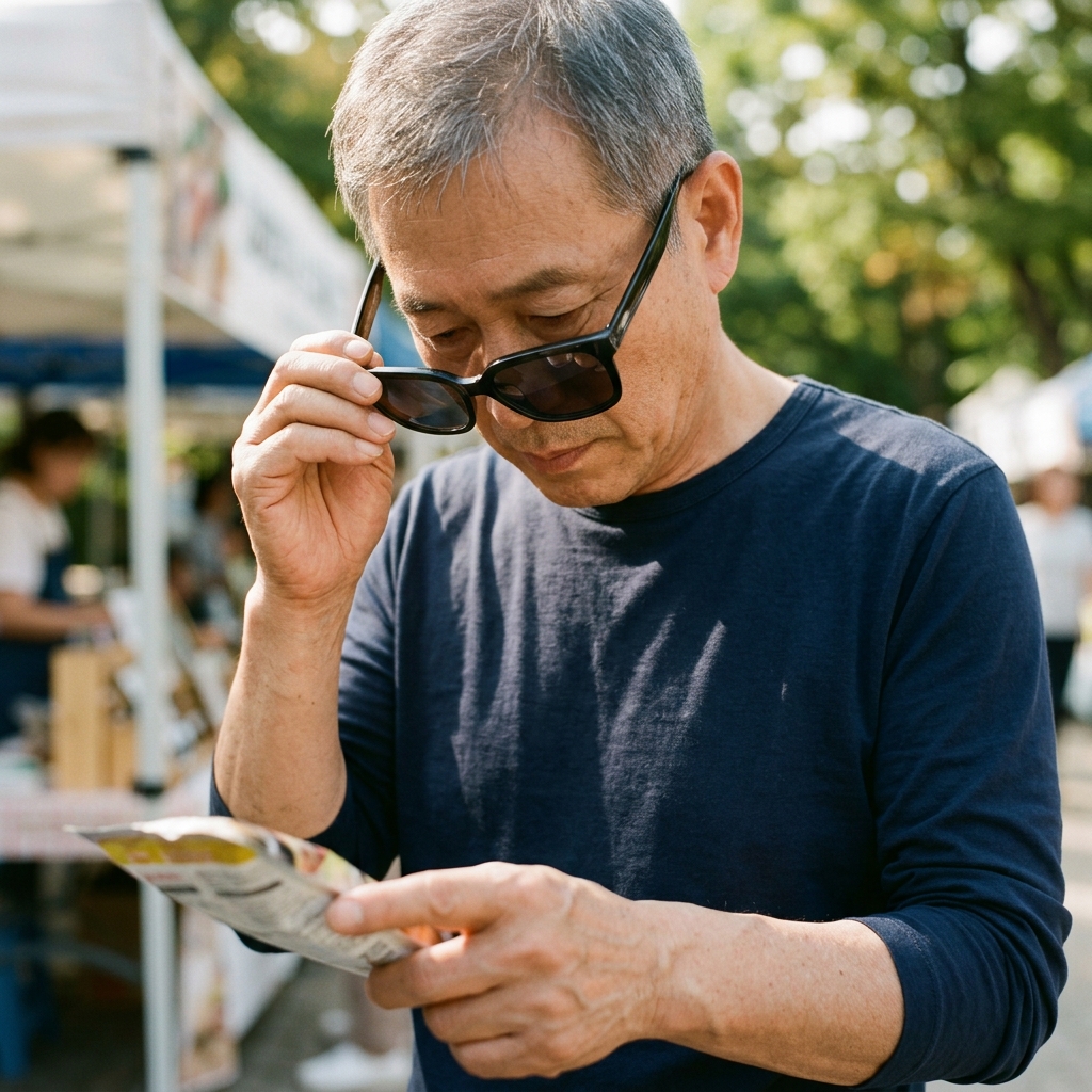 야외 햇빛 아래서 선글라스를 쓰고 제품 표시를 확인하는 사람의 손과 렌즈